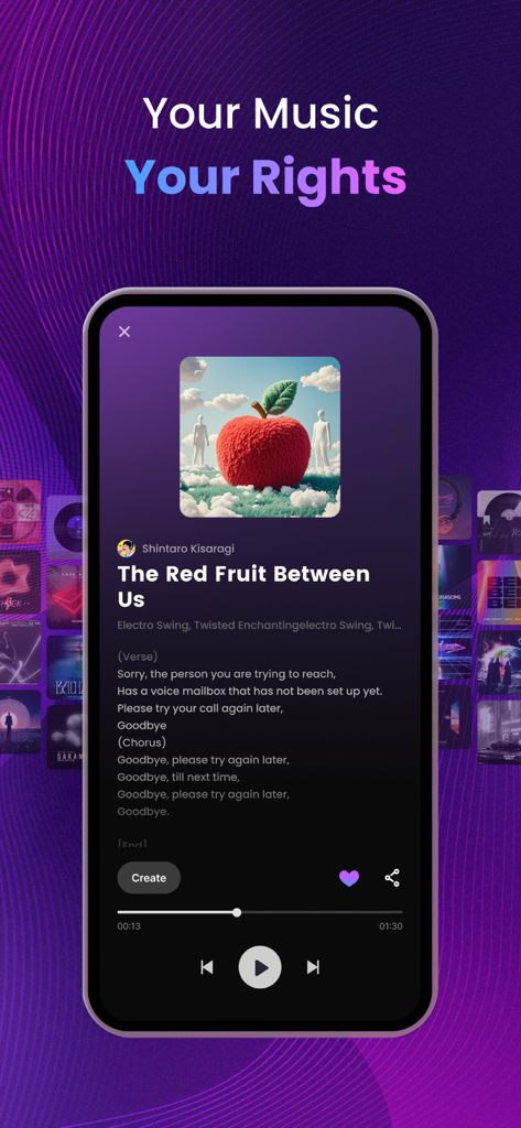 Sondo app music player interface showing song lyrics and a message about 100 percent copyright ownership.