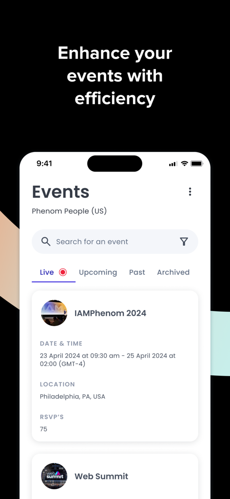 Phenom Recruiter - A mobile interface for the Phenom Recruiter app displaying a list of recruitment events like IAMPhenom 2024 with details on date, time, and location.