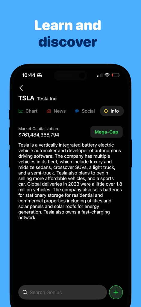 Genius: Stock Market Tracker - Stock market tracker app displaying Tesla company details and market capitalization