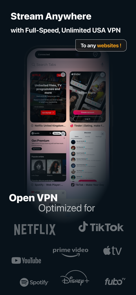 XS VPN: Fast & Secure Proxy - XS VPN app interface highlighting optimized servers for streaming Netflix TikTok and YouTube
