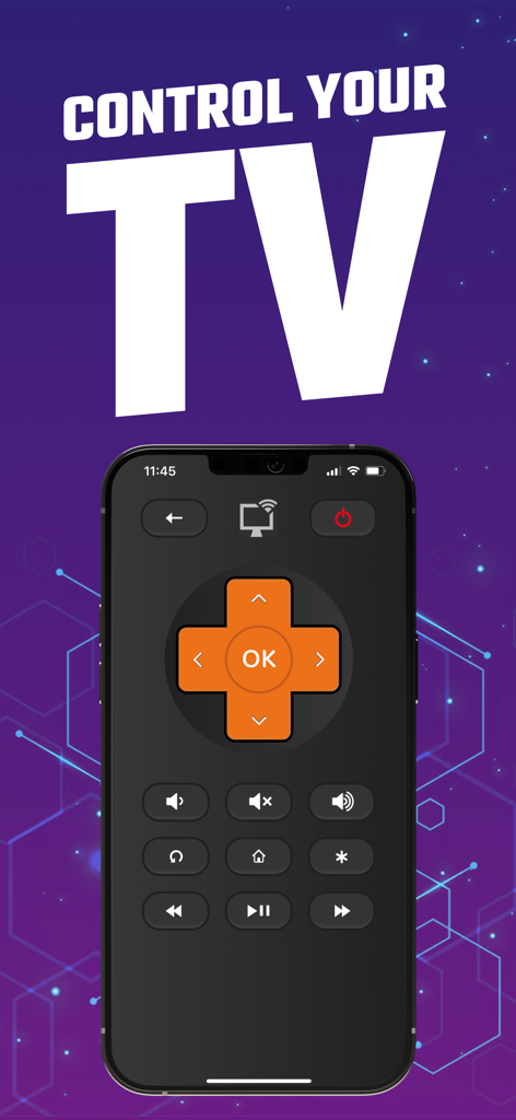 Rokumote app interface displaying digital TV remote buttons on an iPhone screen