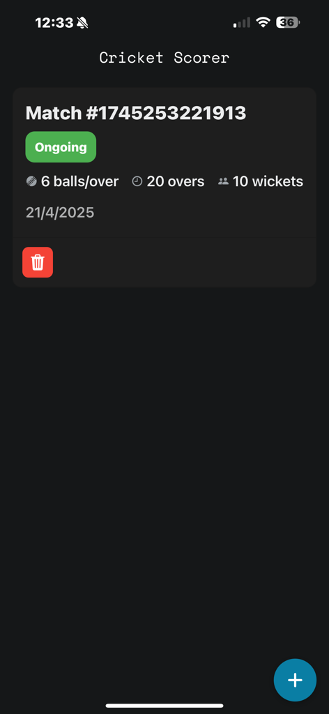 Gully Cricket Scorer - Dashboard-Ansicht der Gully Cricket Scorer App, die ein laufendes Spiel mit Spieleinstellungen wie Over und Wickets anzeigt