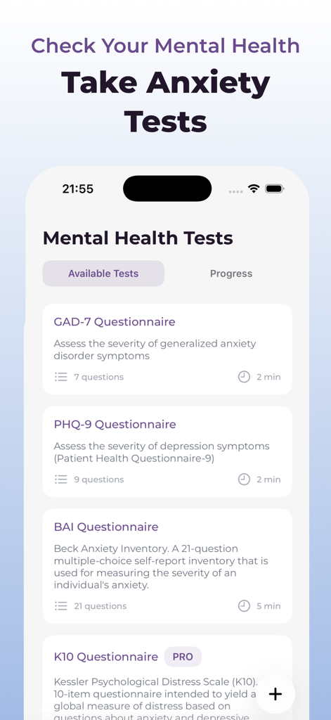 Anxiety Tracker: Mood Journal - Pantalla de la aplicación Rastreador de Ansiedad que muestra pruebas clínicas disponibles como GAD-7 y PHQ-9 para evaluación de salud mental.