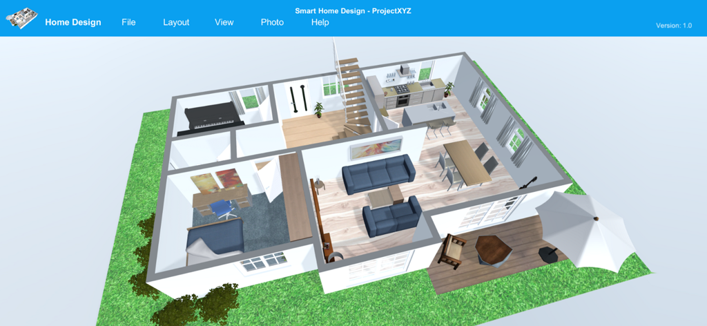 Smart Home Design 3D - Un plano de planta 3D que muestra la distribución de una casa amueblada con sala de estar, cocina y dormitorio