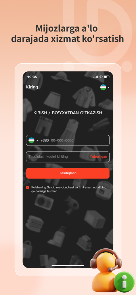 EcoBuyMarket - Pantalla de inicio de sesión y registro de la aplicación móvil EcoBuyMarket con entrada de número de teléfono e icono de soporte al cliente