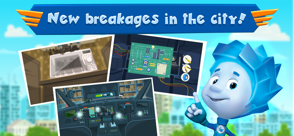 The Fixies: Helicopter Game! - The Fixies character pointing to various repair mini games including a microwave and electronic circuit board