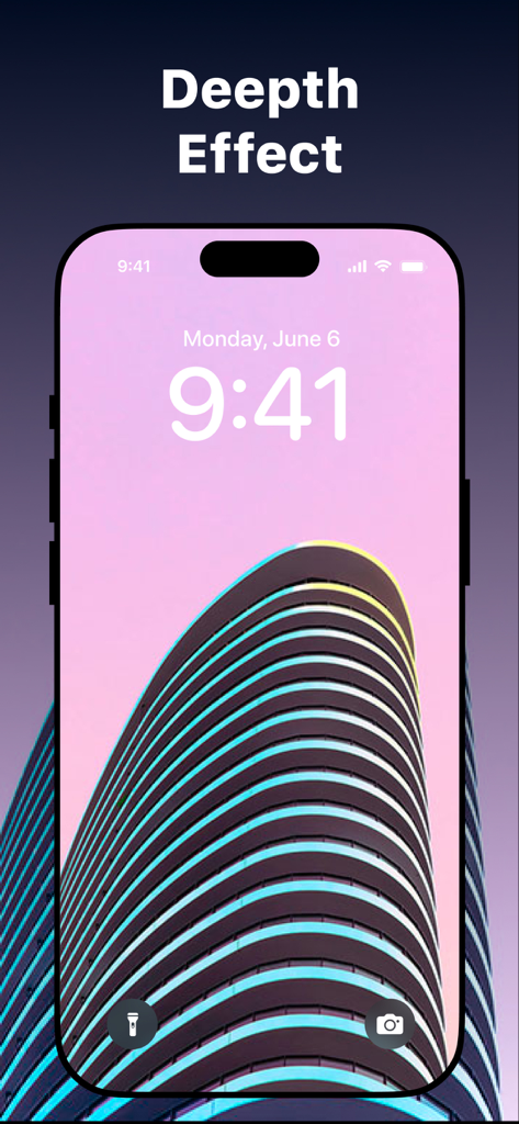 Wallpapers HD, 4K and Live - Una pantalla de bloqueo de iPhone que exhibe un fondo de pantalla arquitectónico moderno con la función de efecto de profundidad de iOS.