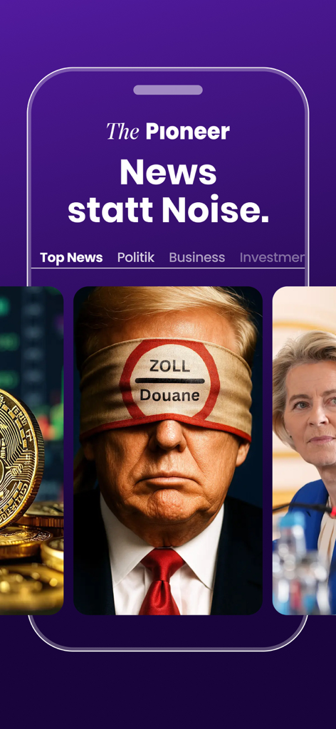 The Pioneer - The Pioneerアプリのインターフェース。高品質なジャーナリズムに焦点を当てた、政治と経済に関するニュース記事を表示しています。