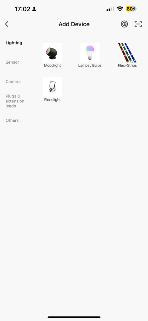ENERGIZER SMART - Add Device screen in the Energizer Smart app showing categories for smart bulbs floodlights and mood lighting