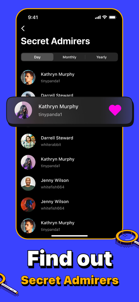 Followers+ & Reports Tracker - A mobile app screenshot showing the Secret Admirers list in Followers Plus with profiles and a heart icon highlighting a top follower