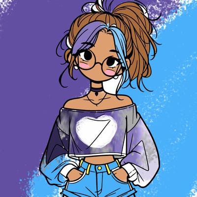 girl with a messy ponytail glasses a baggy crop top and jean shorts