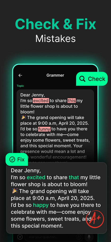 AI Chatbot 4 - Chat with AI - AI Chatbot 4 app interface demonstrating automated grammar and spelling corrections for writing.