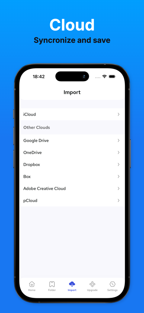 FSaver app screen showing cloud import options for iCloud Google Drive and Dropbox to sync and save files