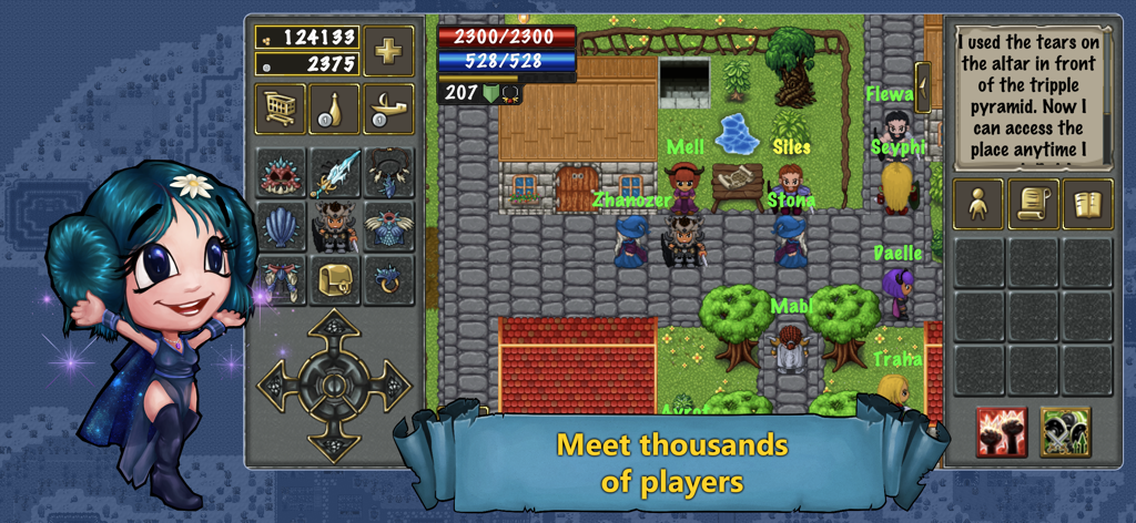 TibiaME - MMORPG - TibiaME 2D retro MMORPG screenshot showing multiple players in a town area