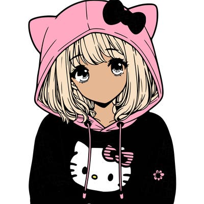 a girl wearing a hello kitty sweater with hood also realistic
