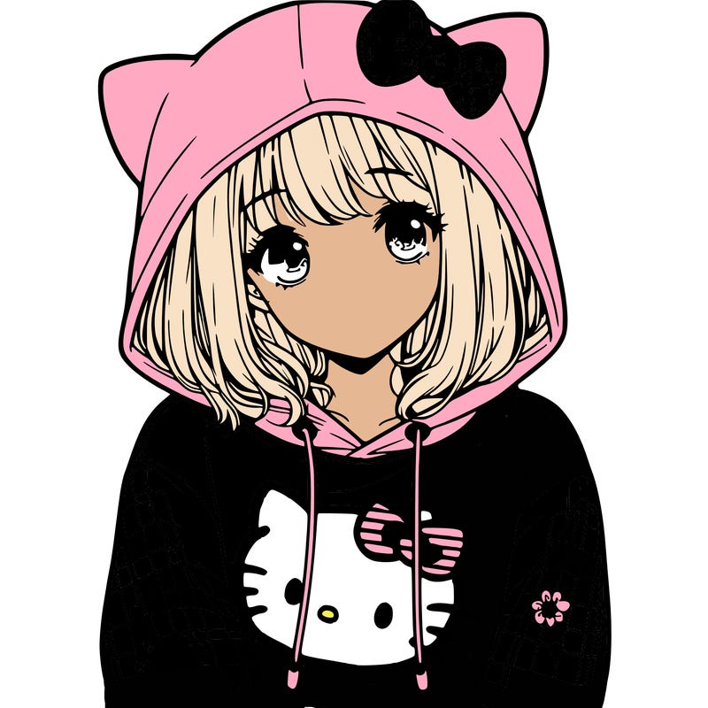 a girl wearing a hello kitty sweater with hood also realistic