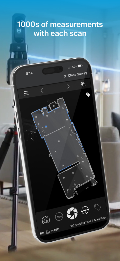 iGUIDE PLANIX app interface showing a detailed floor plan scan on a smartphone.