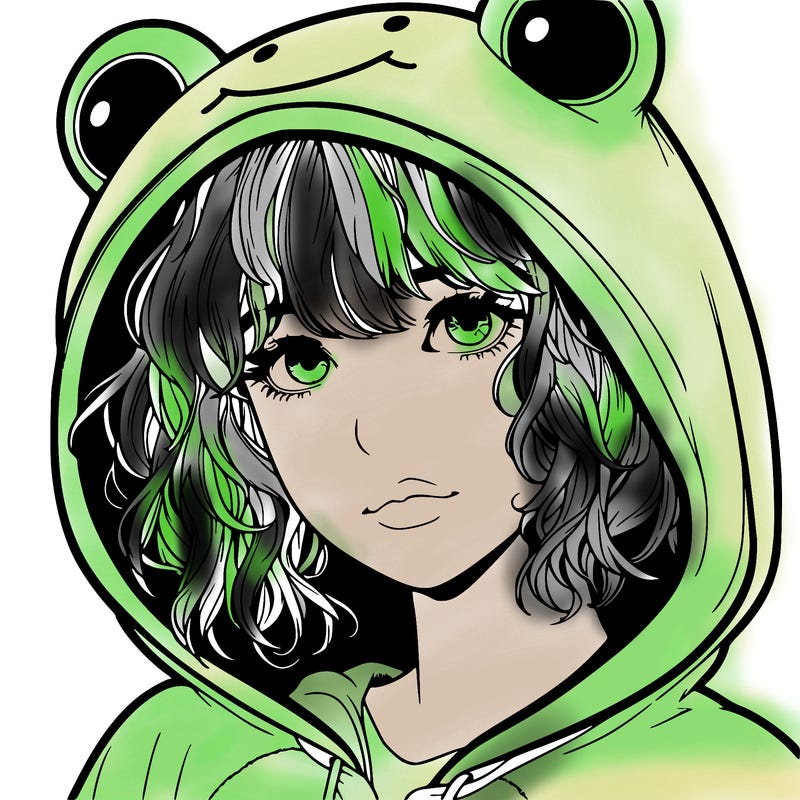 a realistic teenage girl with a messy fringe, in a frog onesie with the hood up