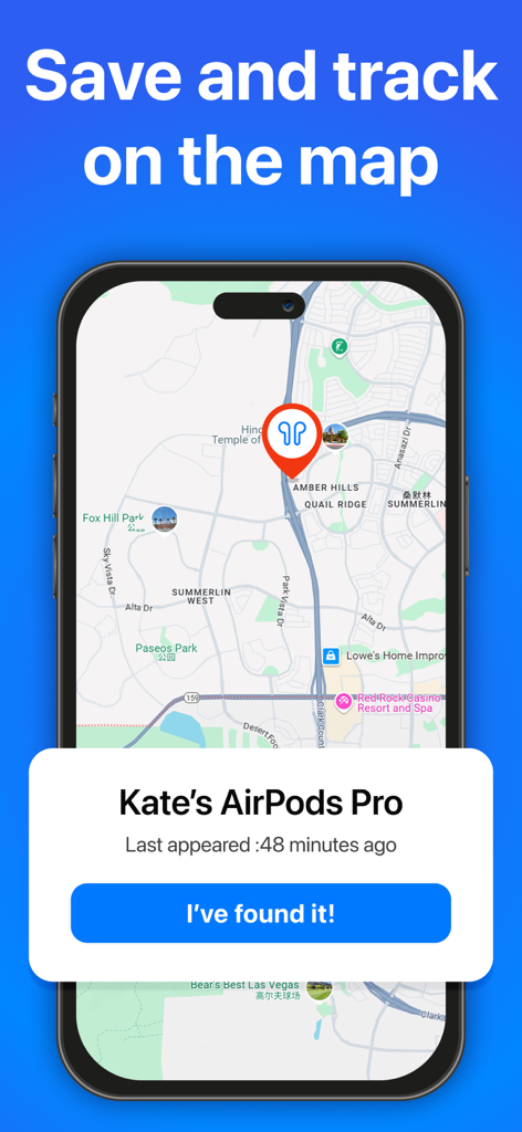 Find Air：My Device Tracker Pro - A map interface showing the last known location of lost AirPods Pro with a tracking pin