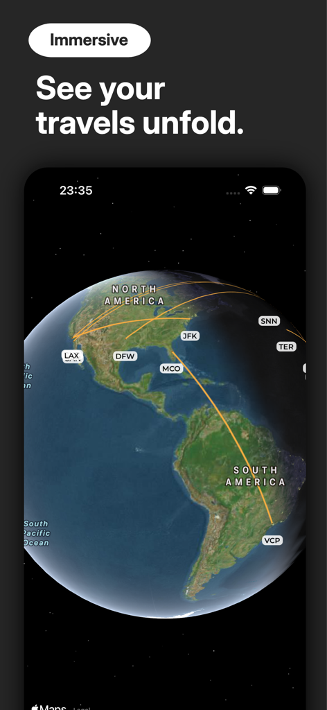 An interactive 3D globe within the FlightVault app showing personal flight routes and airport codes across North and South America