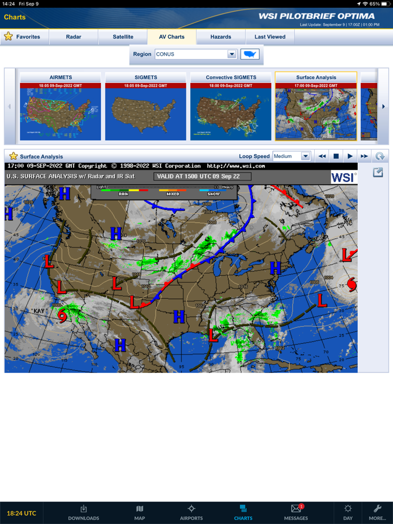 WSI Pilotbrief Optima - WSI Pilotbrief Optima app displaying a surface analysis chart for the United States on an iPad.