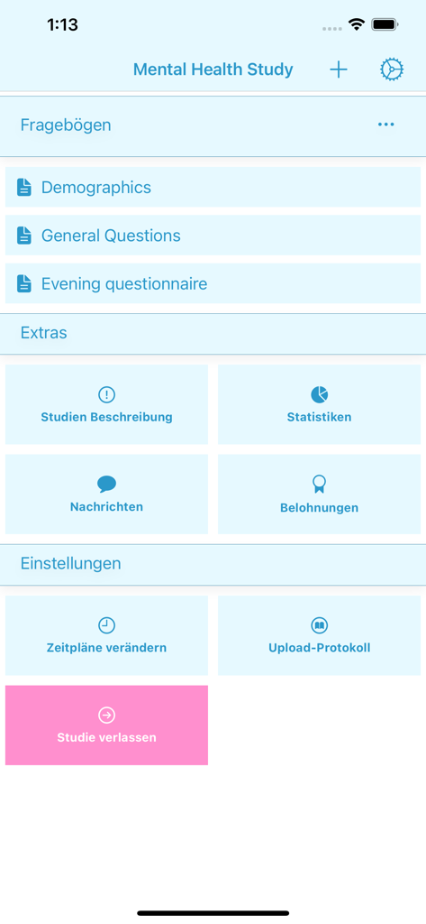 ESMira - ESMira App-Hauptoberfläche für eine Studie zur psychischen Gesundheit, die Fragebögen und Forschungsoptionen anzeigt.