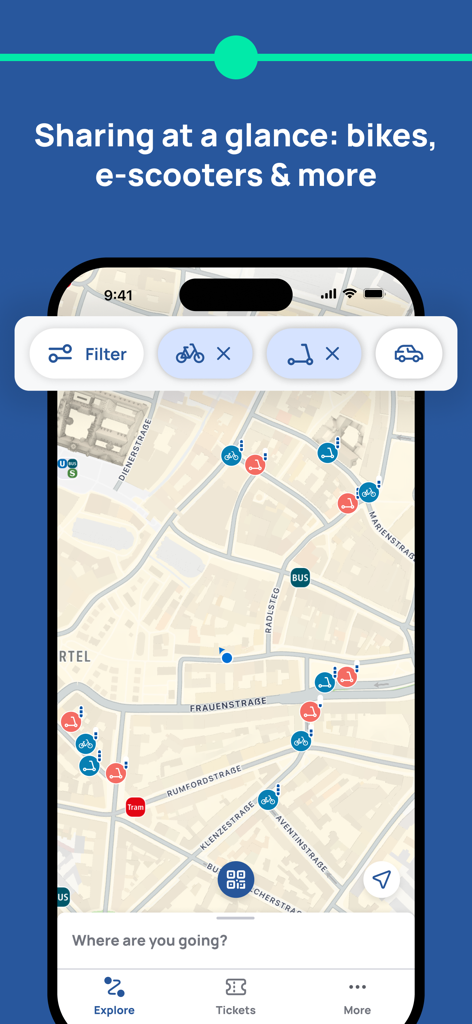 MVGO! - MVGO App-Oberfläche, die eine interaktive Karte von München mit verfügbaren Leihfahrrädern und E-Scootern zeigt