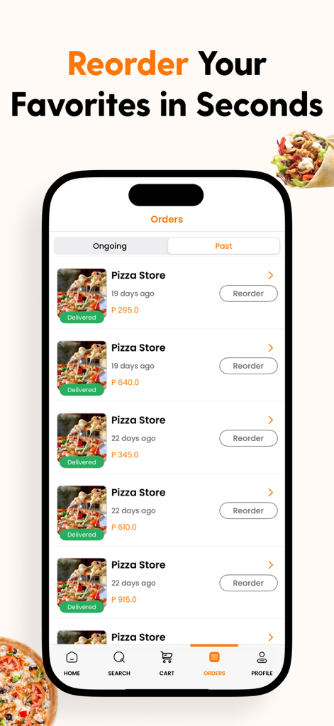 Wanzy - Wanzy app screen showing a list of past pizza orders with a reorder button for quick food delivery