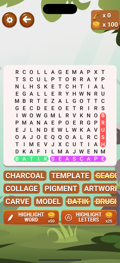 A word search puzzle game screen showing art themed words like brush and batik highlighted in a letter grid