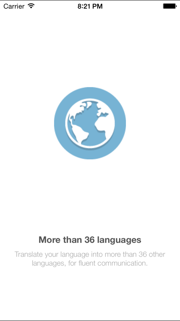 Travel translator - Speech translation - App screen showing Travel Translator support for more than 36 languages with a globe icon