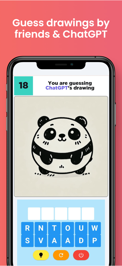Draw Something AI - Captura de pantalla del juego de Draw Something AI que muestra a un usuario adivinando un lindo dibujo de panda creado por ChatGPT