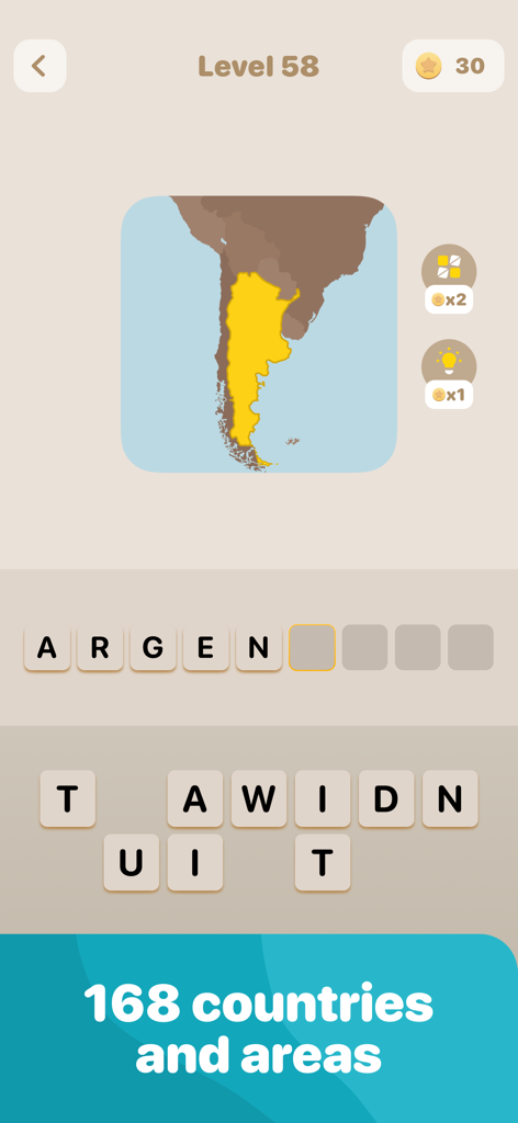 Country Quest: Guess Countries - Una pantalla de trivia de geografía que muestra un mapa resaltado de Argentina con un rompecabezas de palabras para adivinar el nombre del país.