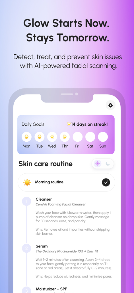 Glow Minder: Improved Skin - Interfaz de la aplicación Glow Minder que muestra una rutina de cuidado de la piel matutina y una racha de hábitos de 14 días