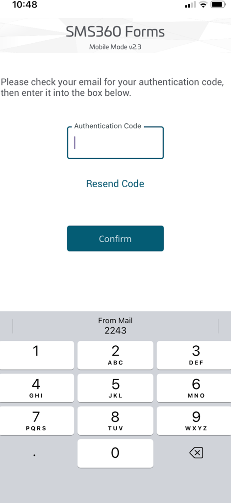 Pantalla de entrada de código de autenticación para la aplicación móvil SMS360 Forms.