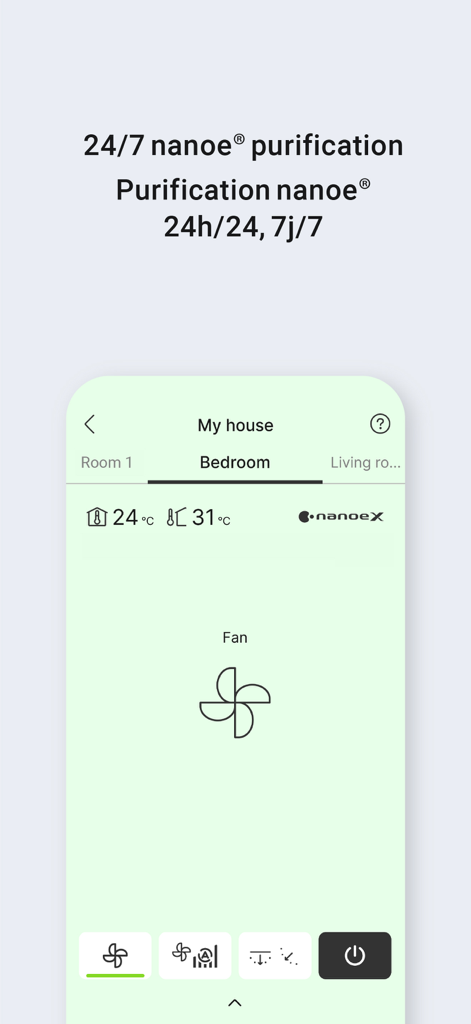 Panasonic Comfort Cloud app interface showing 24/7 nanoe purification mode and fan speed control for a bedroom