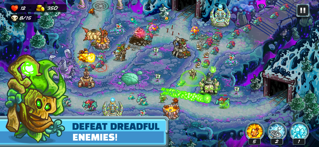 Kingdom Rush 5: Alliance TD - Jugabilidad de Kingdom Rush 5 Alliance TD mostrando torres y héroes defendiendo contra hordas enemigas en un escenario de fantasía