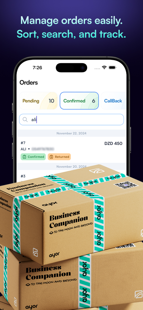 Interfaz de la aplicación móvil Ayor para gestionar y rastrear pedidos comerciales con filtros de búsqueda y actualizaciones de estado