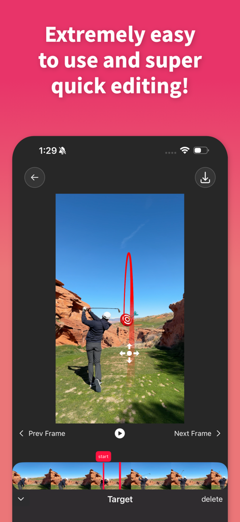 Shot Tracer Editor - Shot Tracer Editor mobile interface showing a golfer editing a swing video with a red tracer line