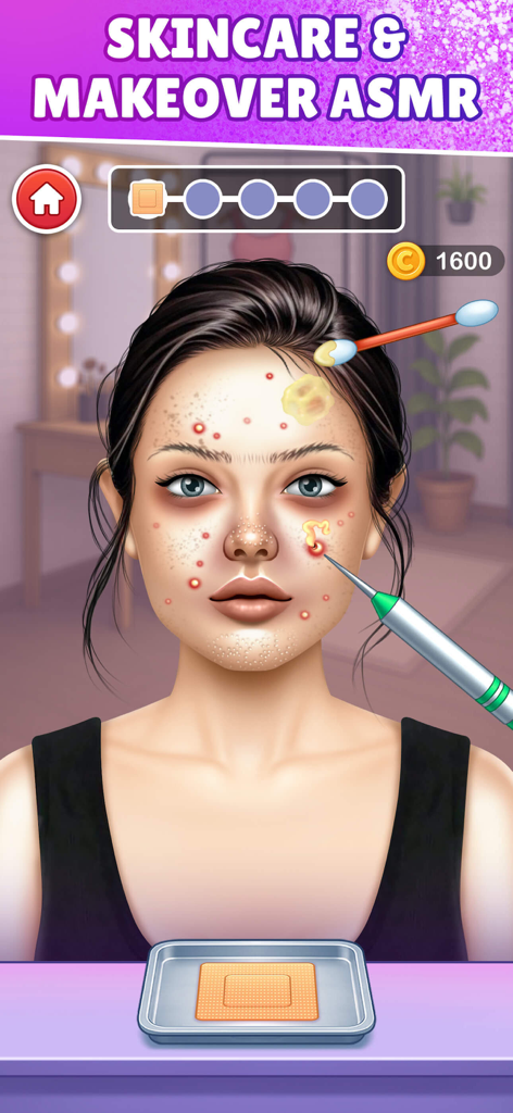 ASMR Salon: Skincare & Makeup - Uma garota recebendo um tratamento facial e estourando espinhas no jogo ASMR Salon Skincare and Makeup