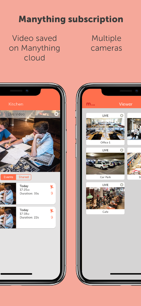 Manything - Manything mobile app interface showing a live kitchen video feed and a multi-camera viewer for office and parking monitoring.
