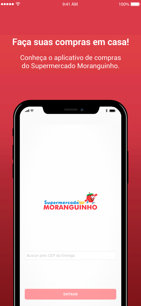 Supermercado Moranguinho - The home screen of the Supermercado Moranguinho app featuring a strawberry mascot and an enter button on a red background