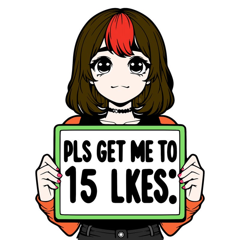 realistic girl holding up a sign that says “pls get me to 15 likes!”