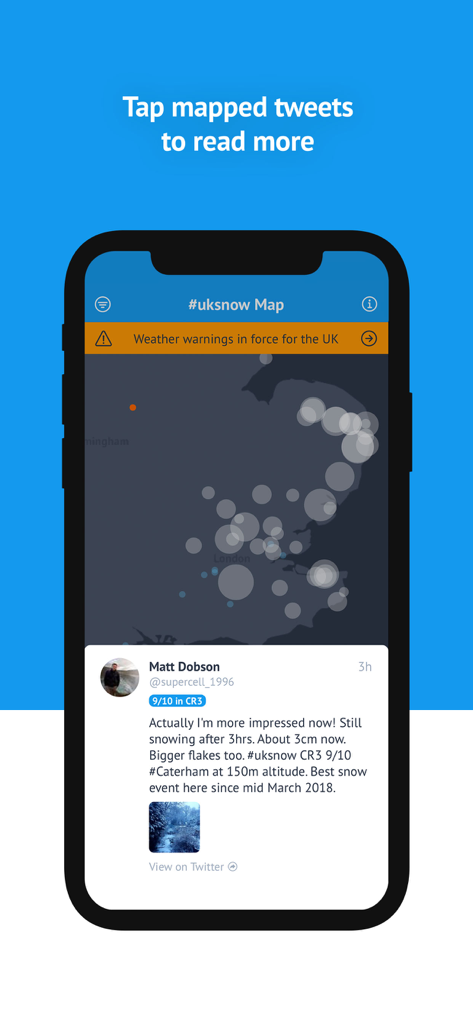 Crowdsourced UK snow map interface with a live tweet report and weather warnings