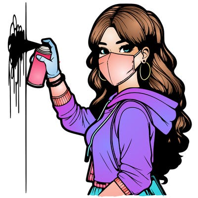 realistic girl with mask spray painting a wall