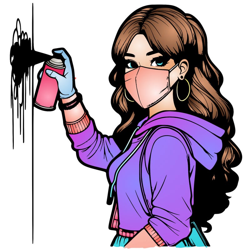 realistic girl with mask spray painting a wall