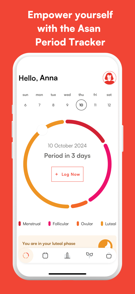Der Startbildschirm der Asan Period Tracker App zeigt eine kreisförmige Zyklusvisualisierung und Informationen zur Menstruationsphase