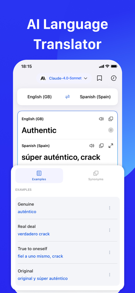 AI Language Translator interface showing an English to Spanish translation of the word Authentic using native slang and synonyms.