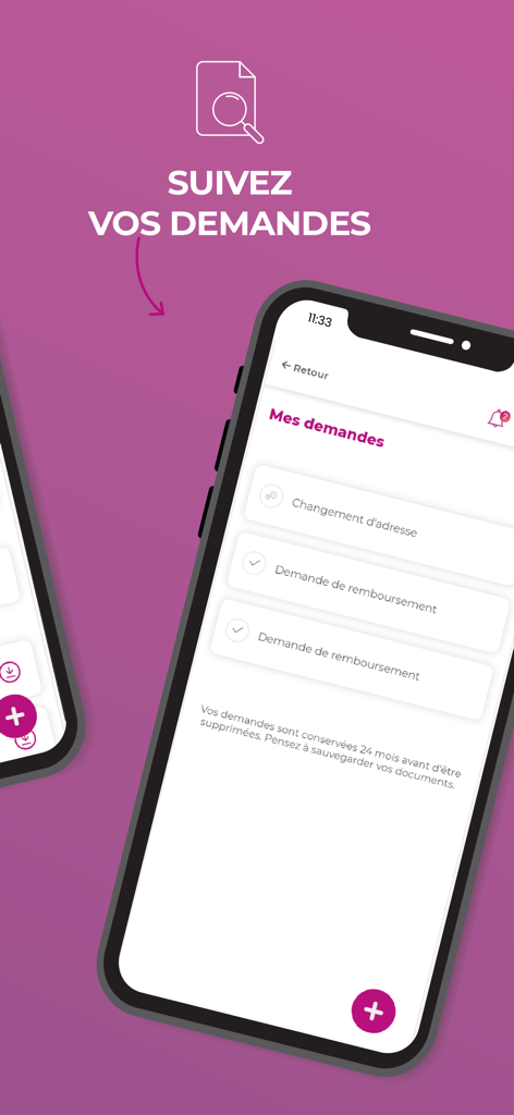 AÉSIO mutuelle - Mobile screen of the AESIO mutuelle app showing tracked health insurance claims and administrative requests