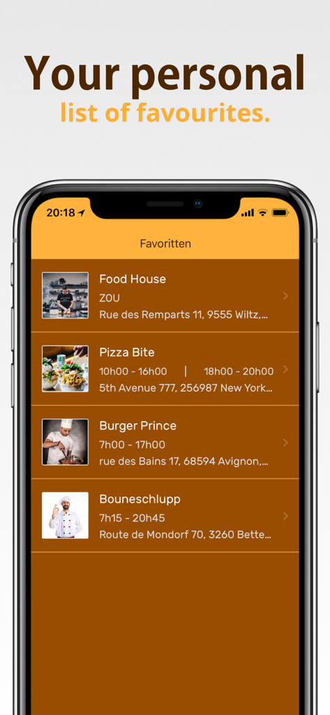 Snack Track - Écran de l'application Snack Track affichant une liste personnalisée de food trucks et de plats à emporter préférés