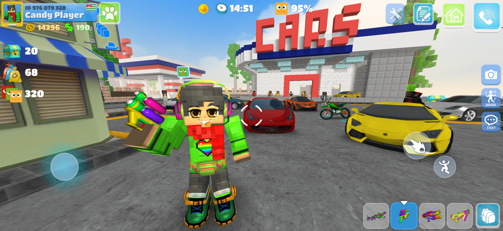 Un personaje pixelado sosteniendo una pistola de paintball de colores frente a un concesionario de superdeportivos en School Party Craft.